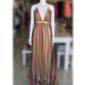 Rainbow Tulle Maxi Dress Strappy Backless Size S